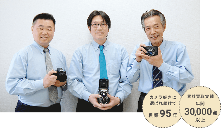実店舗で働くカメラのプロたちの写真　カメラ好きに選ばれ続けて創業95年　累計買取実績 年間30,000点以上