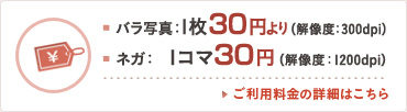 バラ写真:1枚30円(解像度：300dpi)　ネガ:1コマ30円(解像度：1200dpi)